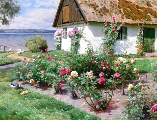 Rose Bushes and a Cottage by  the Water, Sørup, vintage artwork by Peder Mork Mønsted, 12x8" (A4) Poster