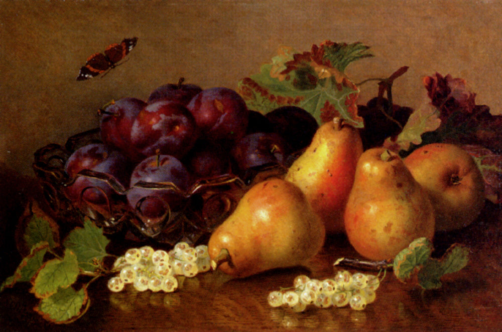 Still Life With Pears, Plums In A Glass Bowl And White Currants On A Table, vintage artwork by Eloise Harriet Stannard, 12x8" (A4) Poster