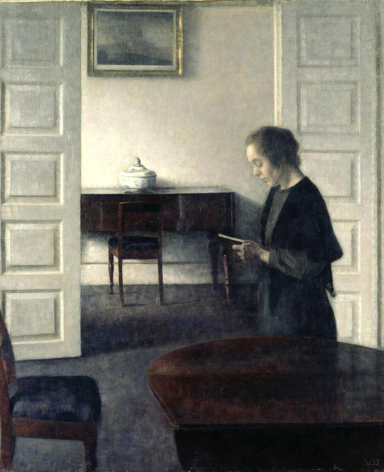 Interior with a Lady Reading, vintage artwork by Vilhelm Hammershøi, 12x8" (A4) Poster