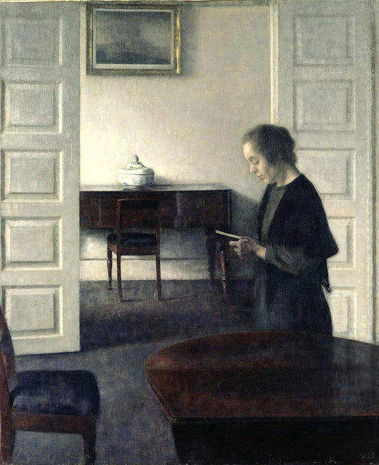 Interior with a Lady Reading, vintage artwork by Vilhelm Hammershøi, 12x8" (A4) Poster