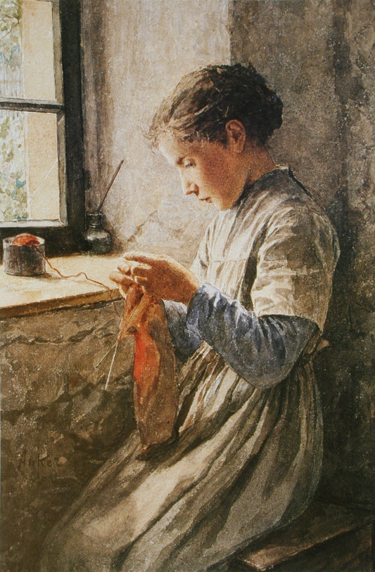 Girl Knitting by  a Window, vintage artwork by Albert Anker, 12x8" (A4) Poster