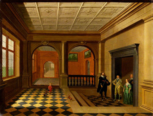 An Interior with King Charles I and Queen Henrietta Maria and Others, vintage artwork by Hendrick van Steenwijck the Younger, 12x8" (A4) Poster