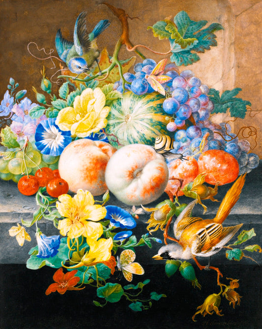Still Life of Flowers and Fruits, with Two Birds, vintage artwork by Herman Henstenburgh, 12x8" (A4) Poster