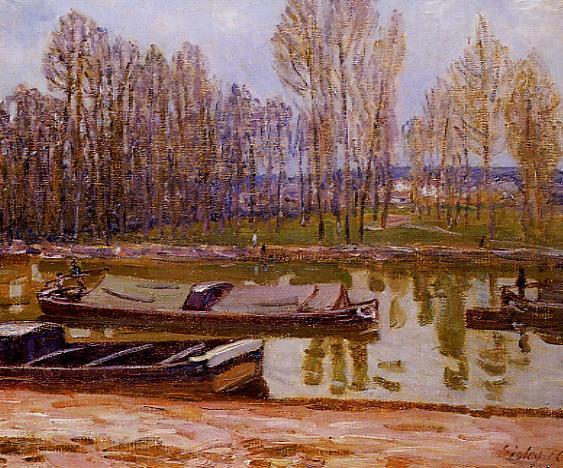 Barges on the Loing Canal, Spring, vintage artwork by Alfred Sisley, 12x8" (A4) Poster