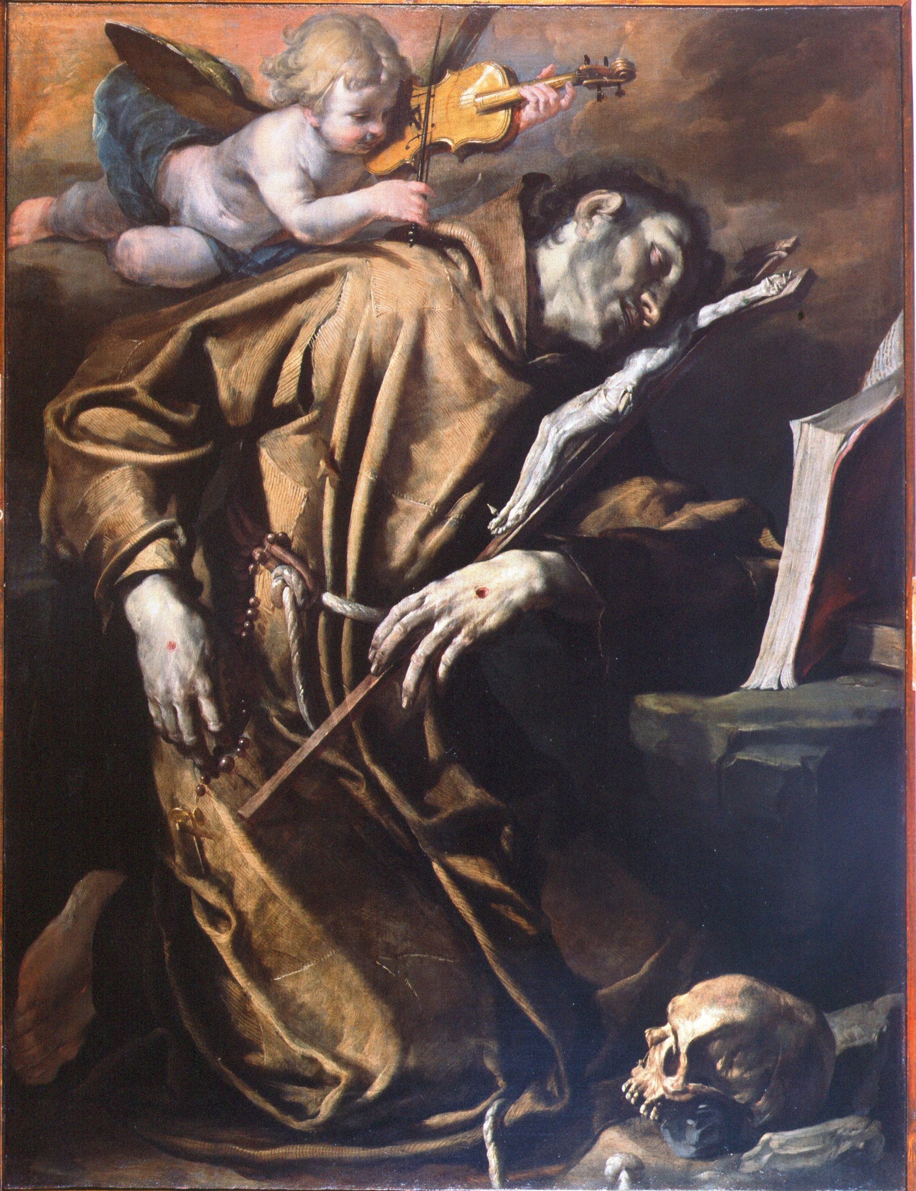 St. Francis in Ecstasy Comforted by  a Cherub of Music, vintage artwork by Gioacchino Assereto, 12x8" (A4) Poster