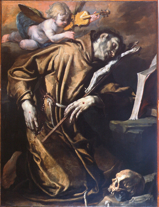 St. Francis in Ecstasy Comforted by  a Cherub of Music, vintage artwork by Gioacchino Assereto, 12x8" (A4) Poster