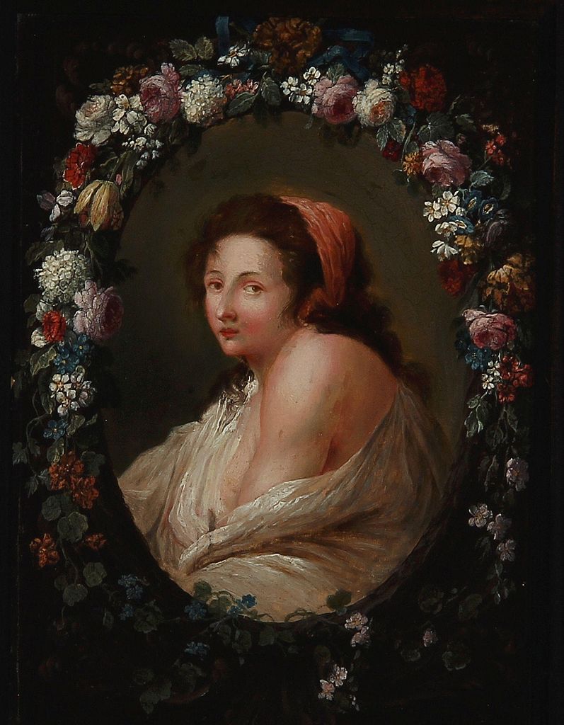 Portrait of a Woman in an oval medallion surrounded by  a flower wreath, vintage artwork by Johann Amandus Winck, 12x8" (A4) Poster