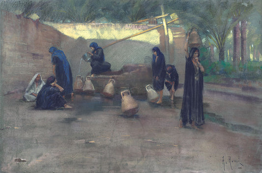 Women by  the Well, vintage artwork by Alberto Rossi, 12x8" (A4) Poster
