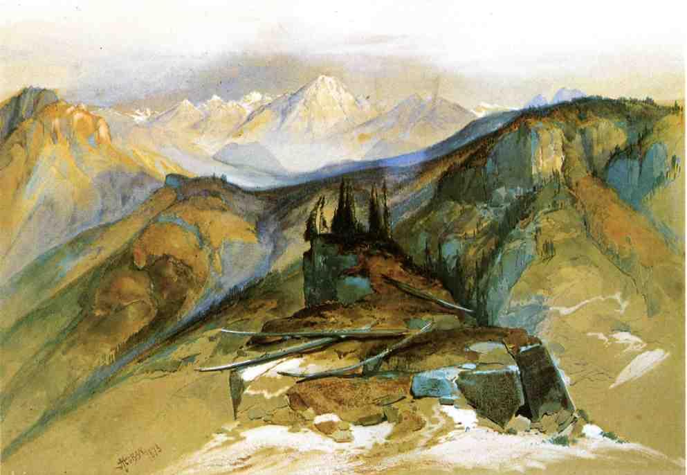 Distant Peaks, vintage artwork by Thomas Moran, 12x8" (A4) Poster