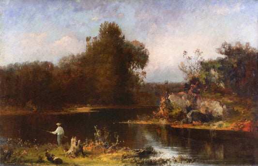 Fisherman on the Riverbank, vintage artwork by Joseph Morviller, A3 (16x12") Poster Print