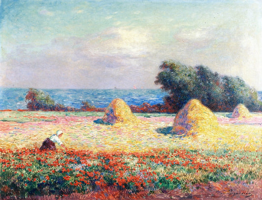 Stacks of Hay and Field of Poppies, vintage artwork by Ferdinand du Puigaudeau, 12x8" (A4) Poster
