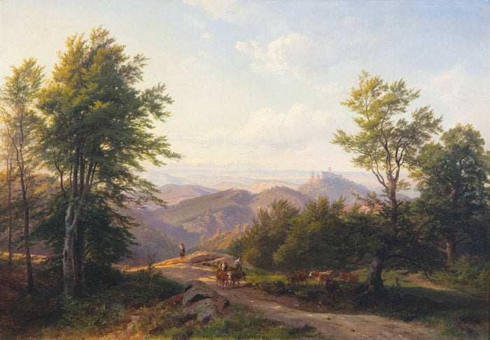 Shepherd Herding Cattle Over Mountain Pass, vintage artwork by Carl Maria Nicolaus Hummel, A3 (16x12") Poster Print