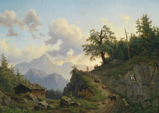 Shepherd Returning Home with his Flock, vintage artwork by Josef Thoma, 12x8" (A4) Poster