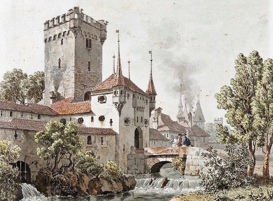 The Golatenmattgasstor in Bern and in the background the Christoffelturm, vintage artwork by Johannes Jakob Biedermann, 12x8" (A4) Poster