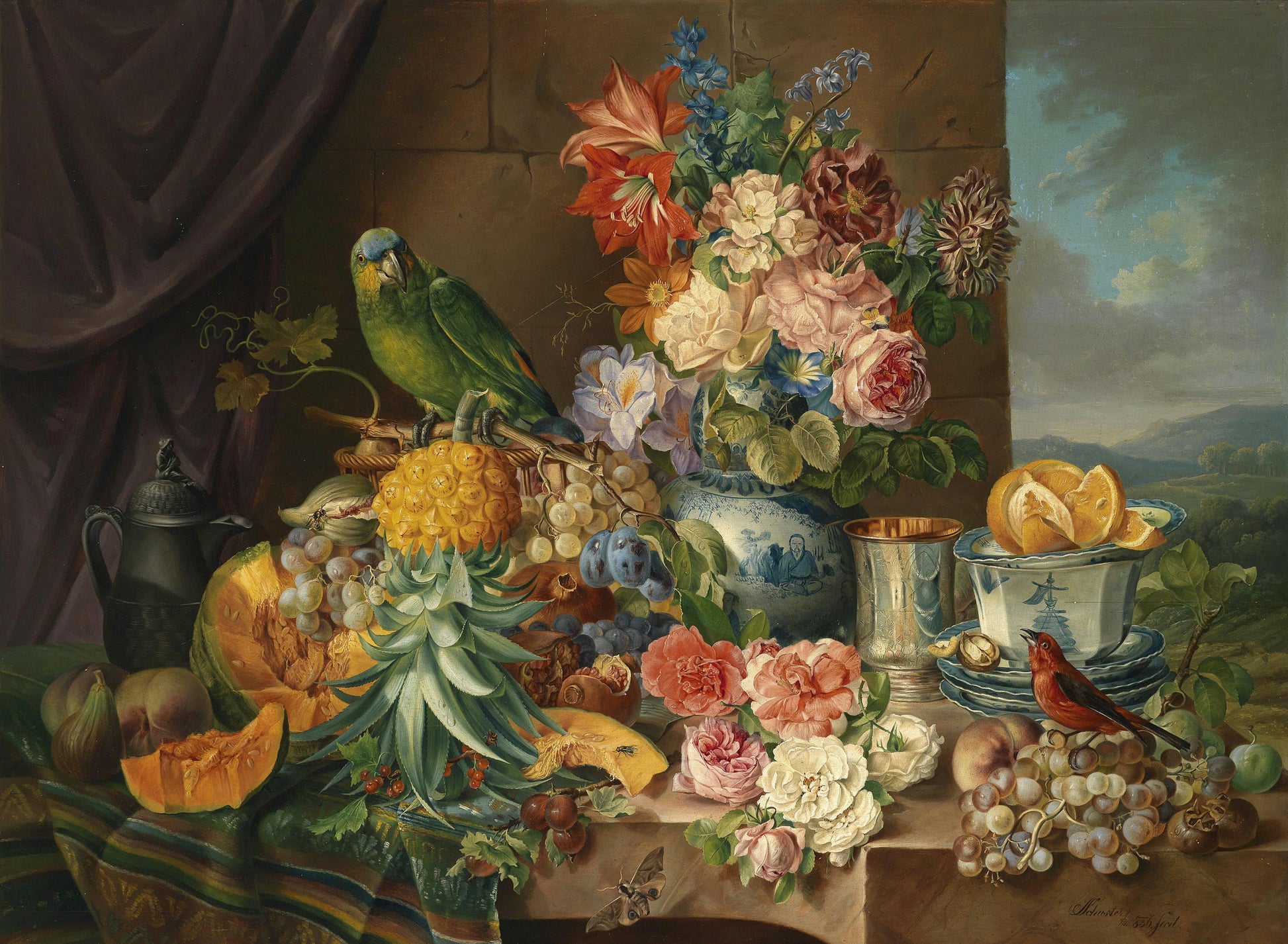 Still Life with Fruit, Flowers and Parrot, vintage artwork by Joseph Schuster, A3 (16x12") Poster Print