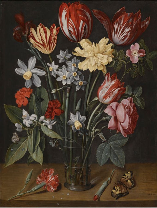 A still life with tulips, daffodils, carnations and other flowers in a vase, vintage artwork by Jacob van Hulsdonck, 12x8" (A4) Poster