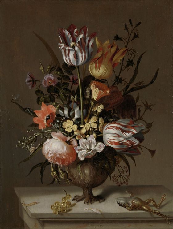 Still Life with a Vase of Flowers and a Dead Frog, vintage artwork by Jacob Marrel, 12x8" (A4) Poster