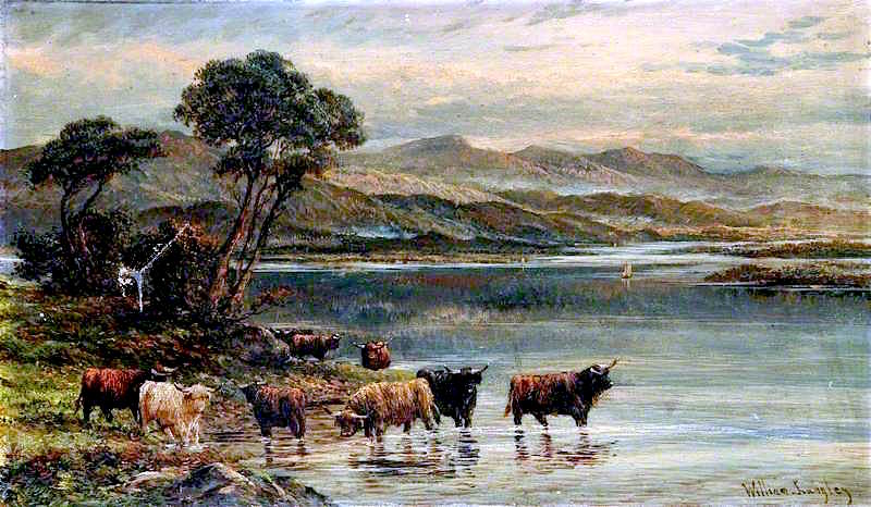 Highland Cows on the Edge of a Loch, vintage artwork by William Langley, 12x8" (A4) Poster