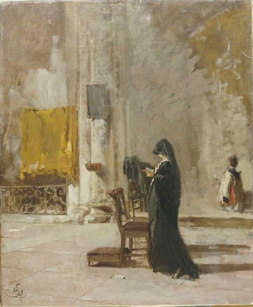 Praying in the Church, vintage artwork by Mose Bianchi, 12x8" (A4) Poster