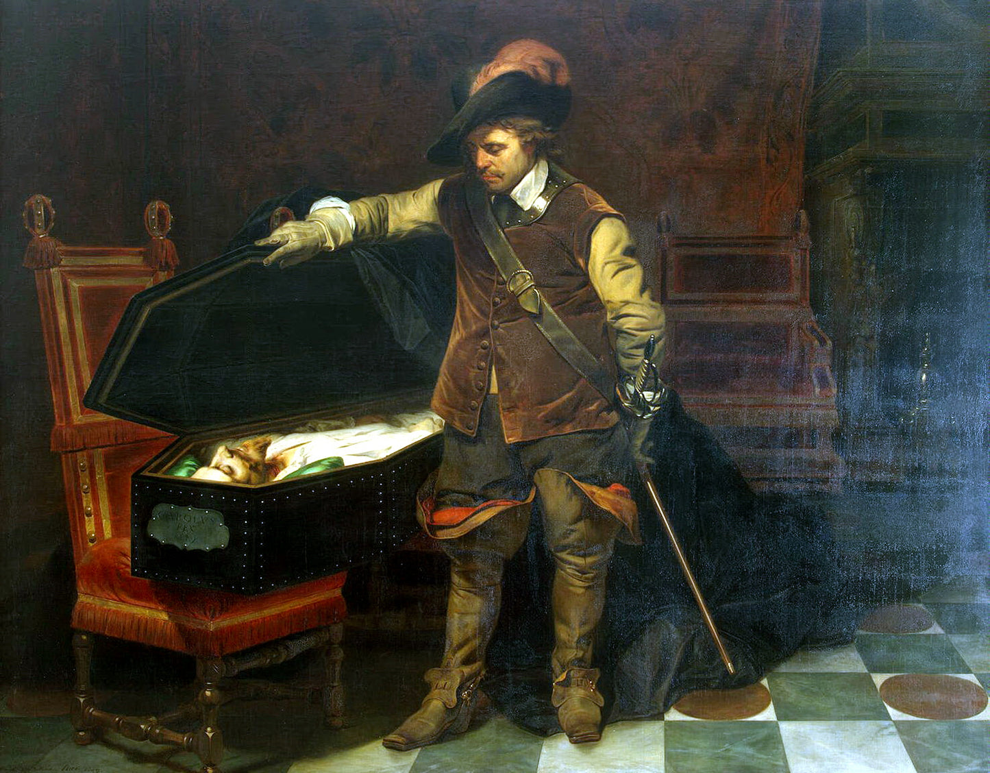 Cromwell before the Coffin of Charles I, vintage artwork by Paul Delaroche, A3 (16x12") Poster Print