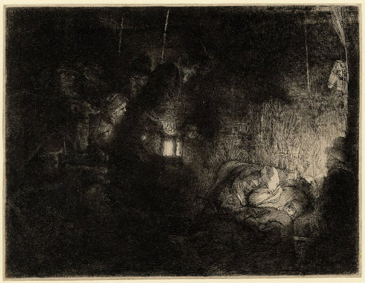 Adoration of the Shepherds:  A Night Piece, vintage artwork by Rembrandt van Rijn, 12x8" (A4) Poster