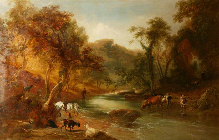 Cattle Crossing a Stream and a Man Fishing, vintage artwork by Thomas Sidney Cooper, A3 (16x12