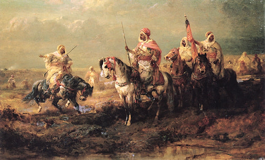 Arabian Chief with Warriors on Horseback, vintage artwork by Adolf Christian Schreyer, 12x8" (A4) Poster