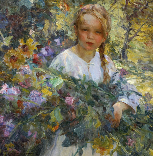 A Girl with Flowers, vintage artwork by Luis Graner Y Arrufi, 12x8" (A4) Poster
