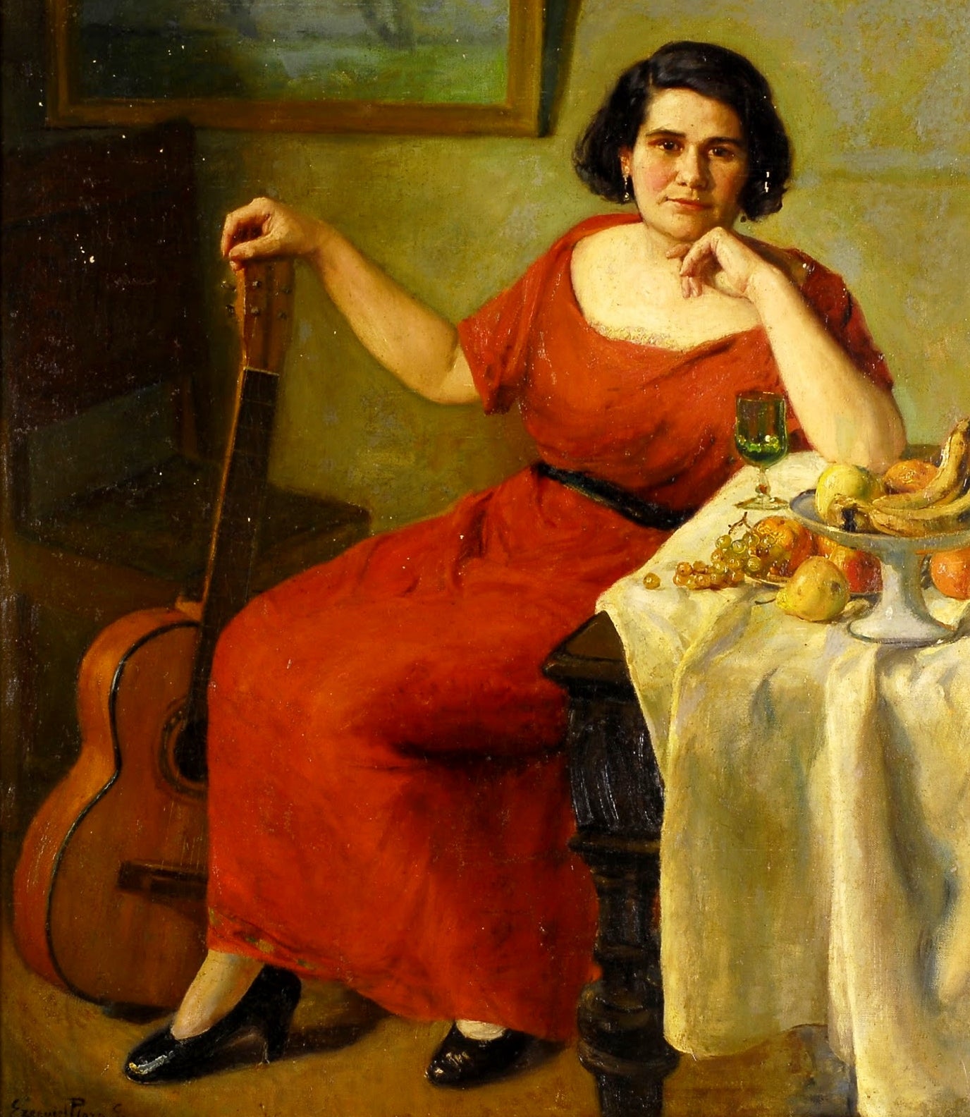 Mujer con guitarra, vintage artwork by Ezequiel Plaza, 12x8" (A4) Poster