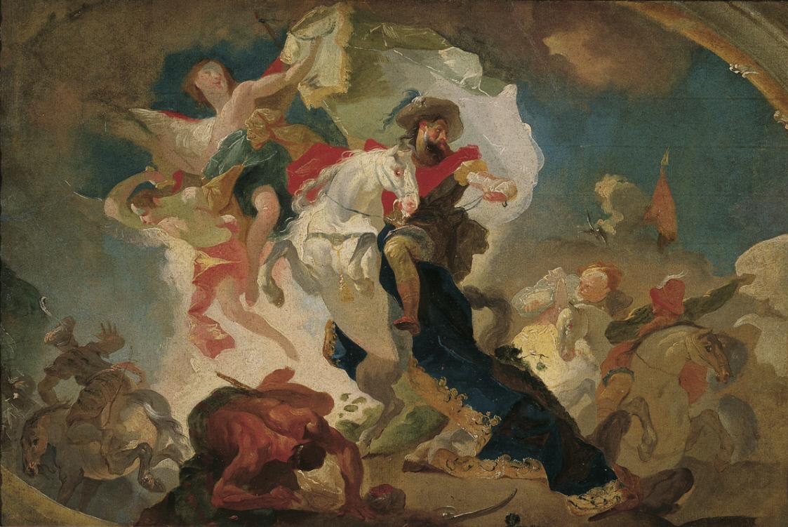 Victory of Saint James of Compostela over the Saracens in the Battle of Clavigo, vintage artwork by Franz Anton Maulbertsch, 12x8" (A4) Poster