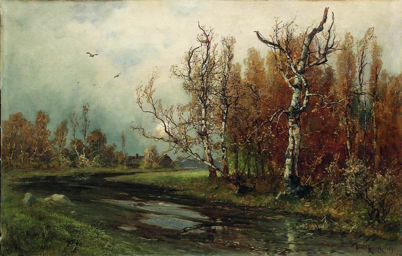 Autumn. A Forest Stream, vintage artwork by Julius Klever, 12x8" (A4) Poster