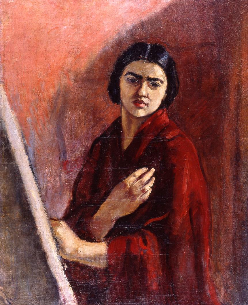 Self-Portrait with Easel, vintage artwork by Amrita Sher-Gil, 12x8" (A4) Poster