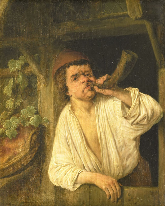 Man Playing a Horn, vintage artwork by Adriaen van Ostade, 12x8" (A4) Poster