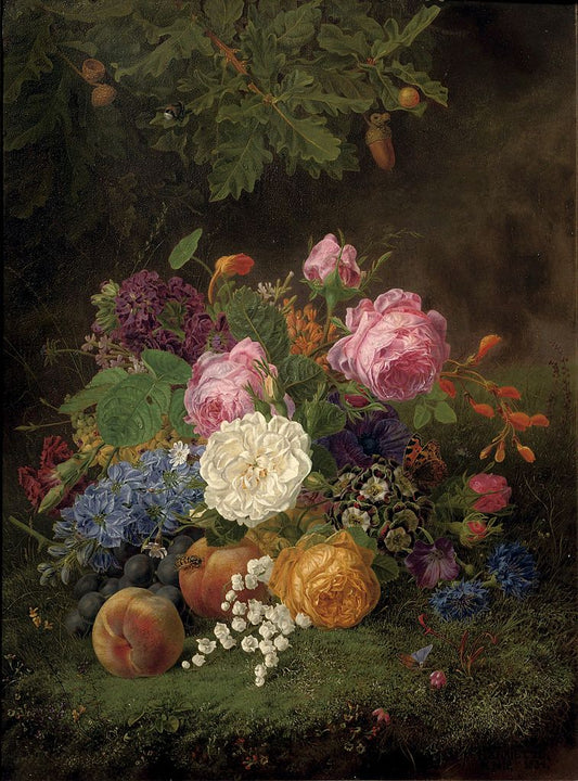 A colorful bouquet of flowers and various fruits on a forest floor, vintage artwork by Henriette Geertruida Knip, 12x8" (A4) Poster