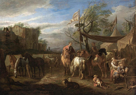 Riders Resting at a Military Encampment, vintage artwork by Pieter van Bloemen, 12x8" (A4) Poster