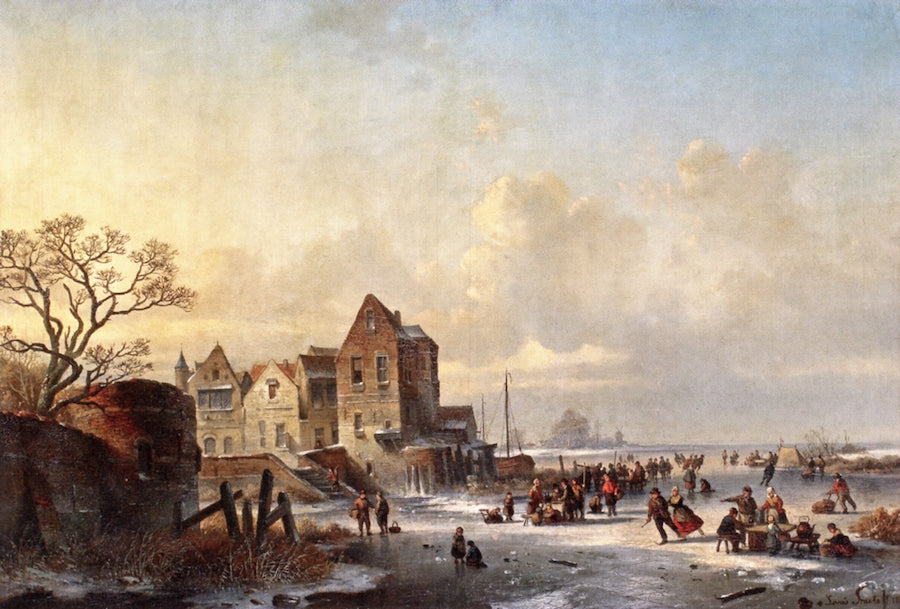 Ice Skaters near a Dutch Lakeside Village, vintage artwork by Luis Smets, 12x8" (A4) Poster