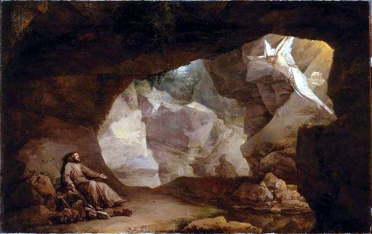Landscape with the Stigmatization of St Francis, vintage artwork by Laurent de La Hyre, 12x8" (A4) Poster