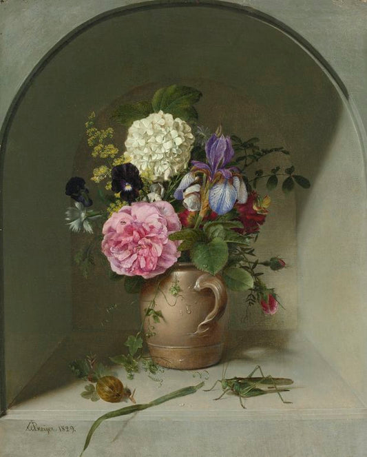 Flowers in a Clay Jug on a Niche with a Grasshopper, vintage artwork by Johann Wilhelm Preyer, A3 (16x12") Poster Print