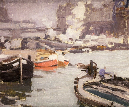 Along the Seine, vintage artwork by George Oberteuffer, 12x8" (A4) Poster