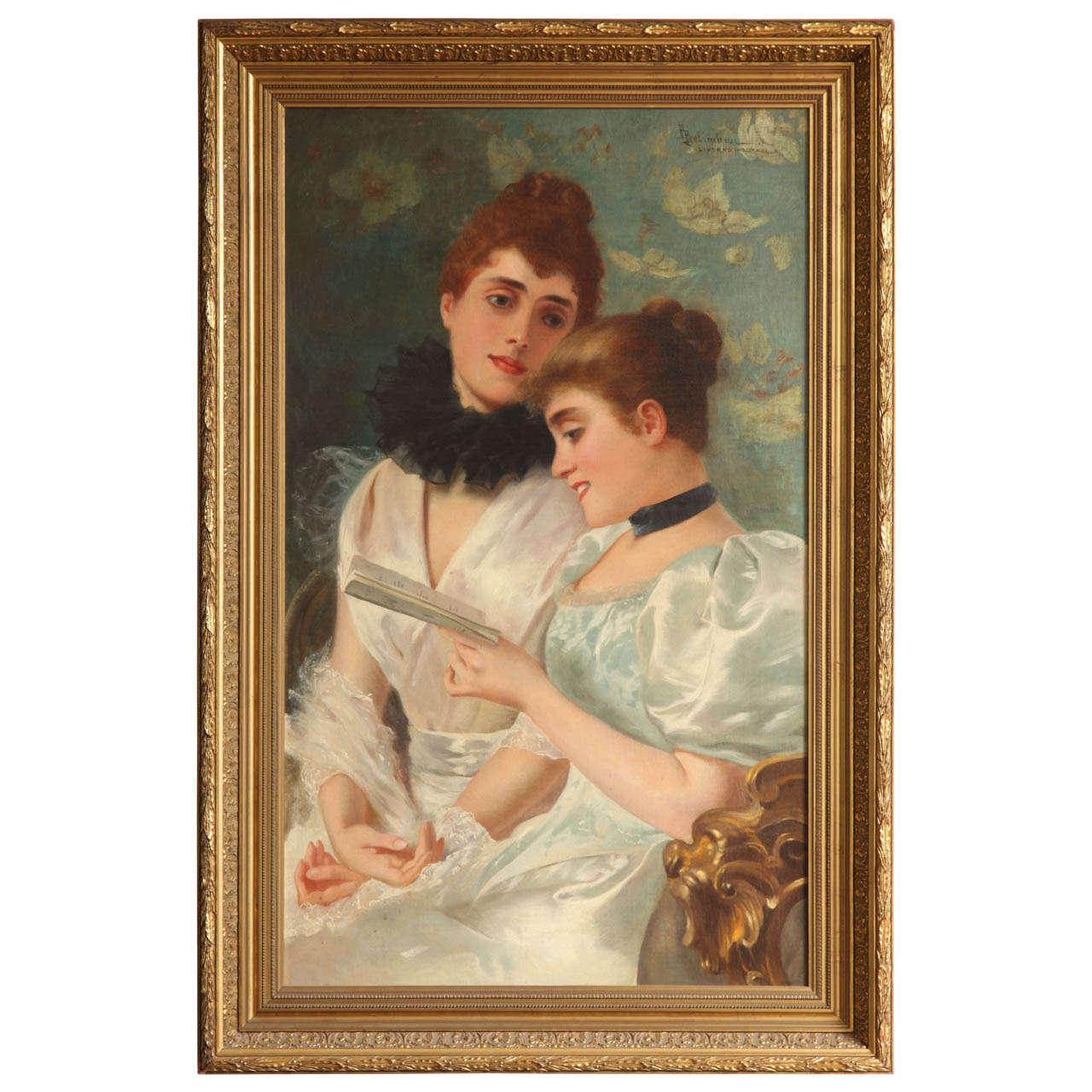 Two young ladies reading a book, vintage artwork by Adolfo Belimbau, 12x8" (A4) Poster