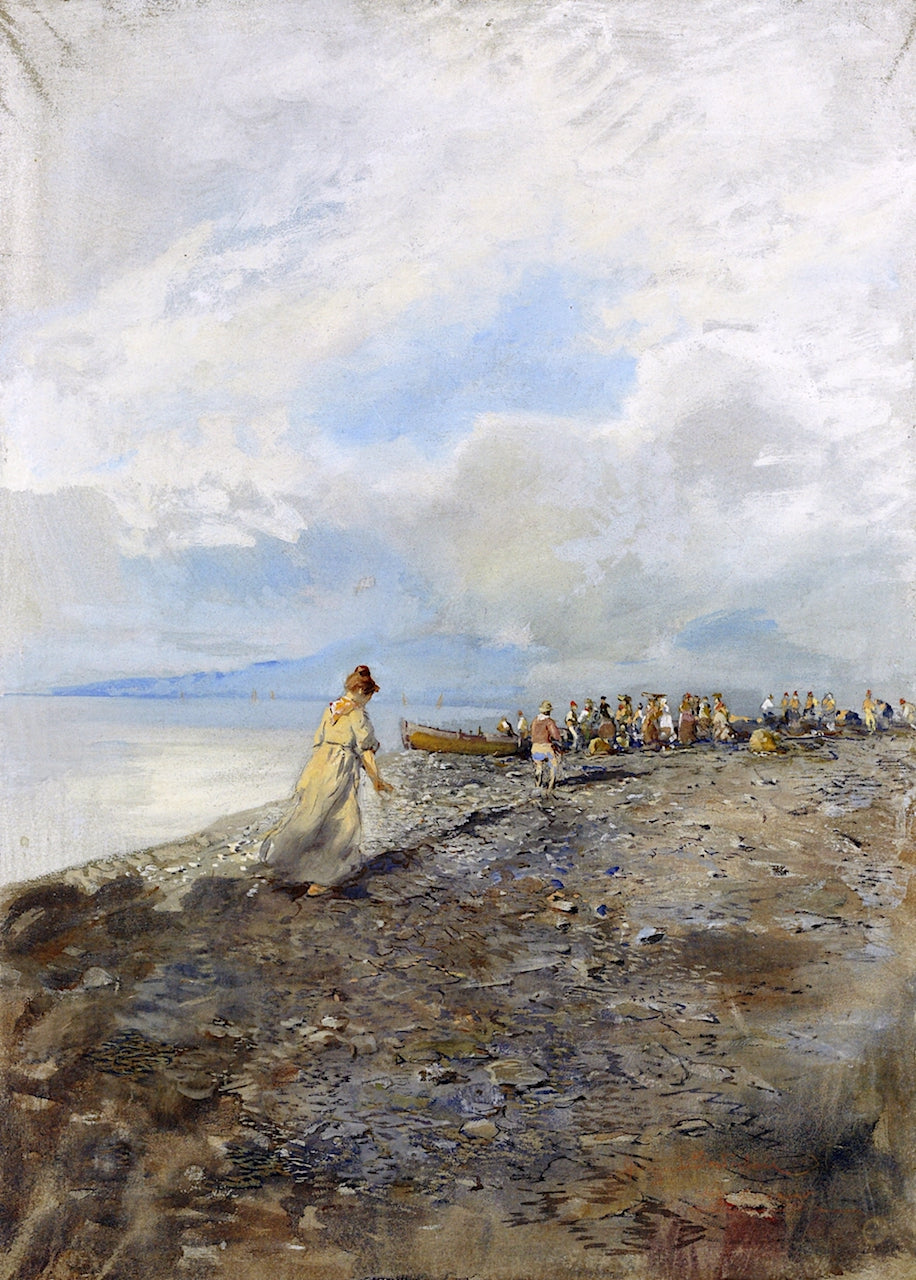 On the Beach at Bordighera by Pompeo Mariani,A3(16x12")Poster