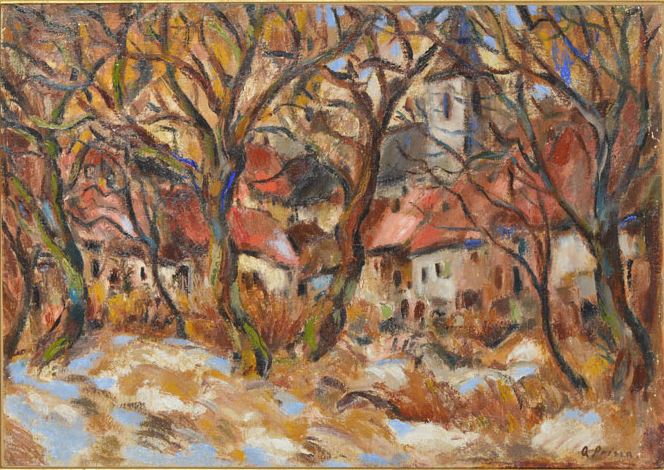Village derrière les arbres, vintage artwork by Andre-Julien Prina, 12x8" (A4) Poster
