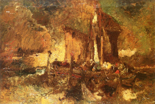 Fishermen Lifting the Nets before the Storm, Coastal Scene, vintage artwork by Adolphe-Joseph-Thomas Monticelli, 12x8" (A4) Poster