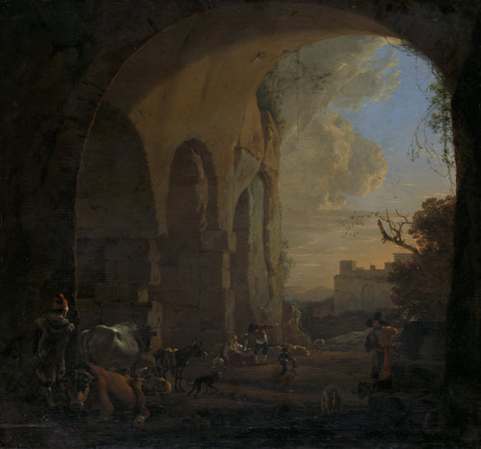 Herders with Their Animals under an Arch of the Colosseum in Rome, vintage artwork by Jan Asselijn, 12x8" (A4) Poster