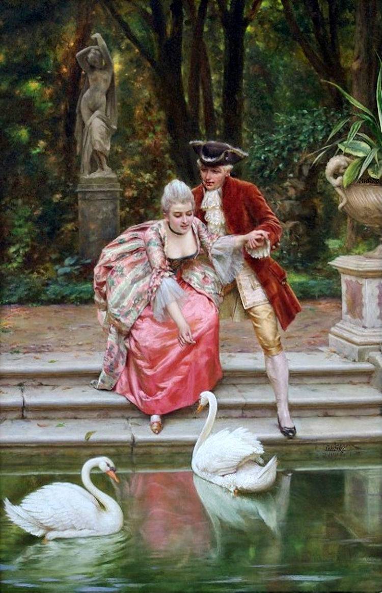 Feeding the swans, vintage artwork by Charles Joseph Frederick Soulacroix, 12x8" (A4) Poster