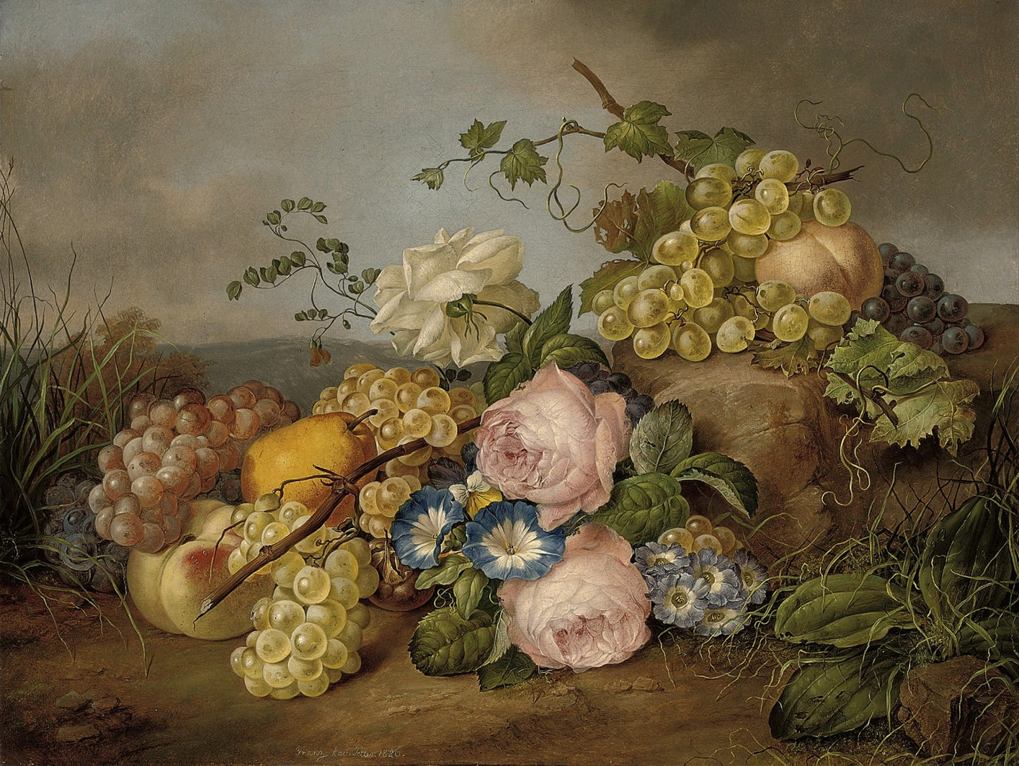 Still Life with Flowers and Fruit in a Landscape, vintage artwork by Franz Xavier Petter, A3 (16x12") Poster Print