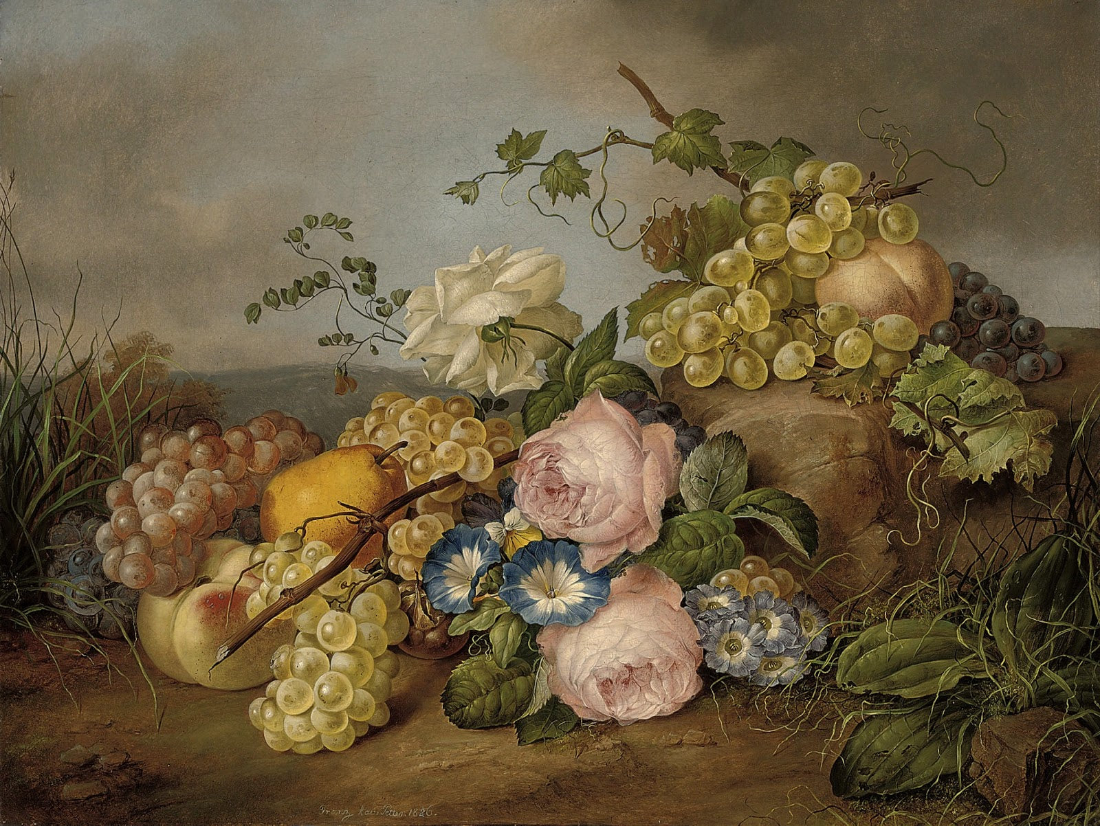 Still Life with Flowers and Fruit in a Landscape, vintage artwork by Franz Xavier Petter, A3 (16x12") Poster Print