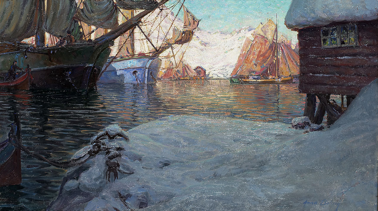 Fishing Boats in the Harbor, vintage artwork by Anna Boberg, 12x8" (A4) Poster