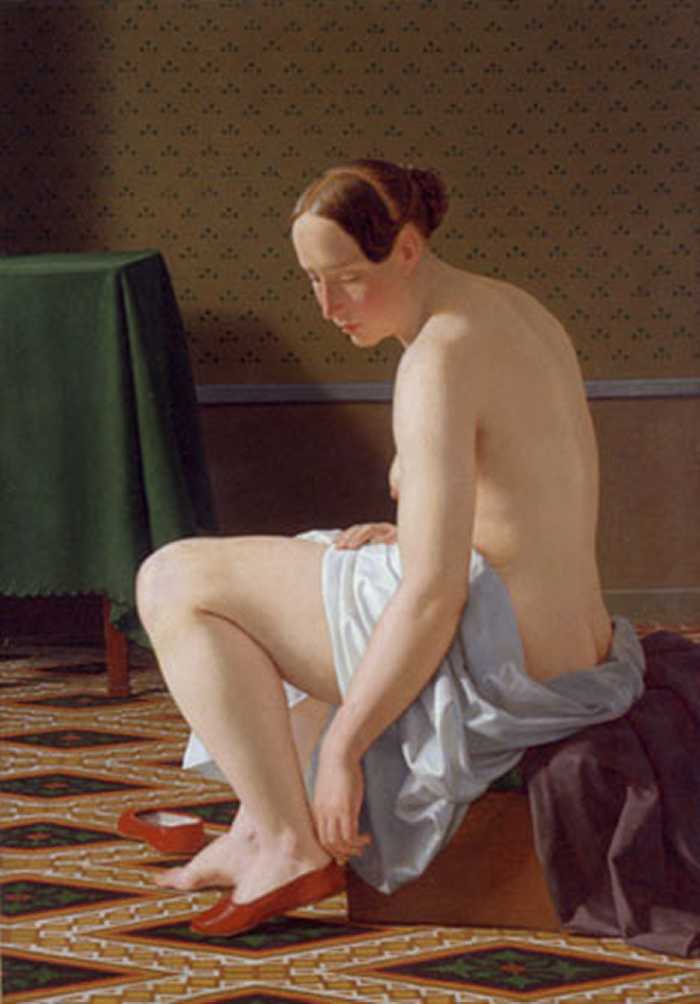 Naked woman putting on her shoes, vintage artwork by Christoffer Wilhelm Eckersberg, 12x8" (A4) Poster