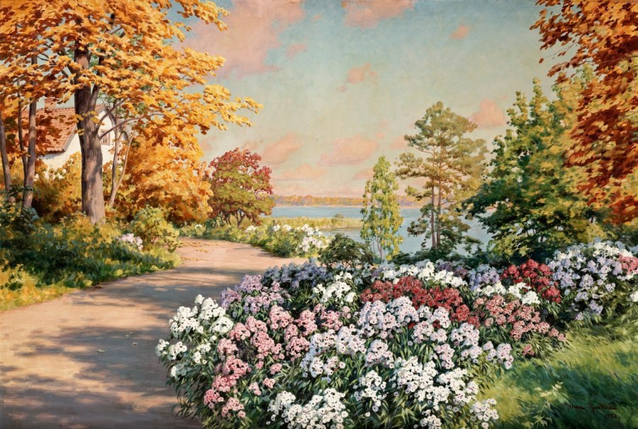 Autumn by  the lake, vintage artwork by Johan Krouthen, 12x8" (A4) Poster